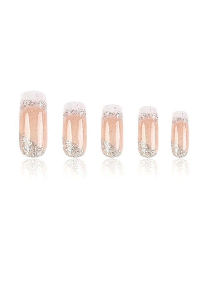 TOGZOM Square Press on Nails Medium French Tips Fake Nails Silver Glitter Acrylic Nails Press ons White Ombre Glue on Nail Shiny Stick on Nail Nude False Nails for Women Girls Nails Decoration 24Pcs - Image 2